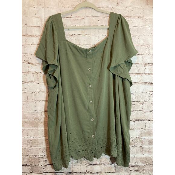 Torrid Peasant Top Womens 5X Olive Eyelet Square Neck Crinkle Plus Cottage - Picture 1 of 14